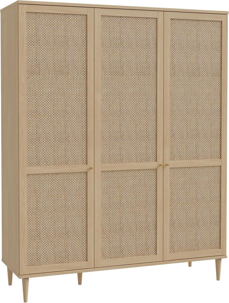 FORTE Calasetta Schrank 165 cm Boho Stil Wiener Geflecht Kleiderschrank mit 3 Türen Kleiderstange Einlegeböden Holz Dekor: Elegancia Eiche/Technorattan, 165 cm breit x 208 cm hoch x 52 cm tief Bild 1