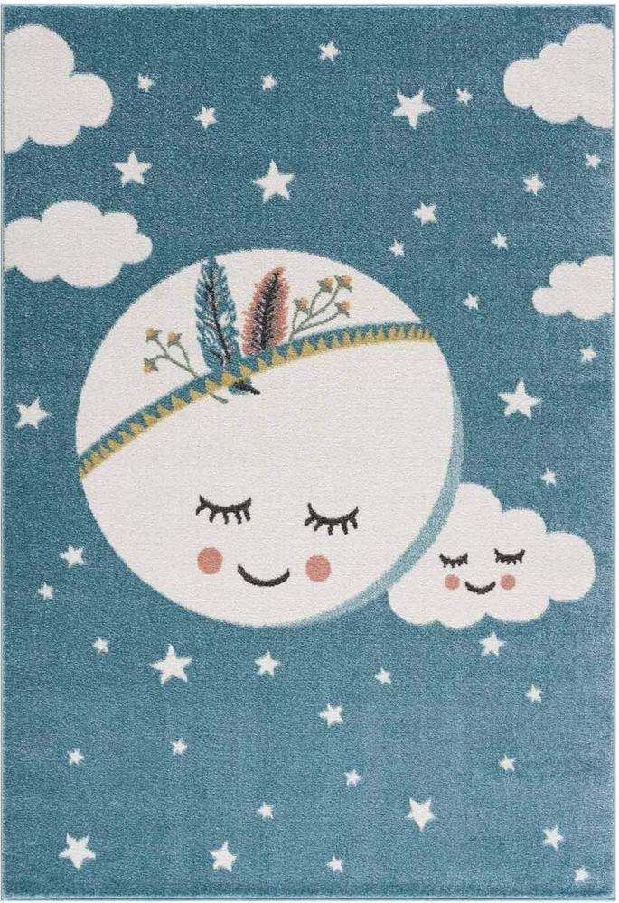 carpet city Kinderteppich Kinderzimmer Blau - 160x230 cm - Mond Sterne - Kinderzimmerteppiche Mädchen Jungen - Babyzimmer-Teppich - Spielteppich - Sternenteppich Bild 1