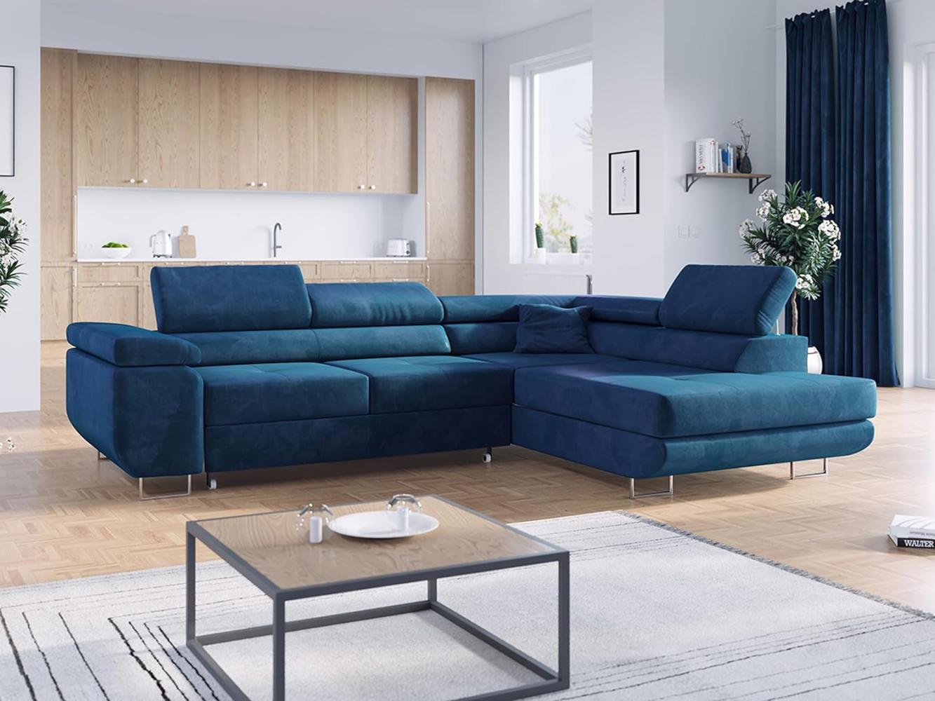 Ecksofa L-Form Couch mit Schlaffunktion und Verstellbare Kopfstützen - GUSTAW - Dunkelblau Velours - Rechts Bild 1