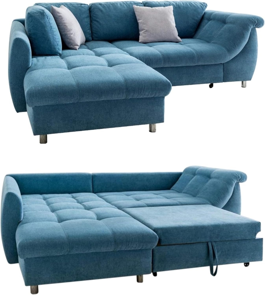 luma-home Ecksofa 17102, mit Bettkasten 250x190 cm, Ottomane links, Bettfunktion, Wellenunterfederung, Mikrofaser Blau Bild 1