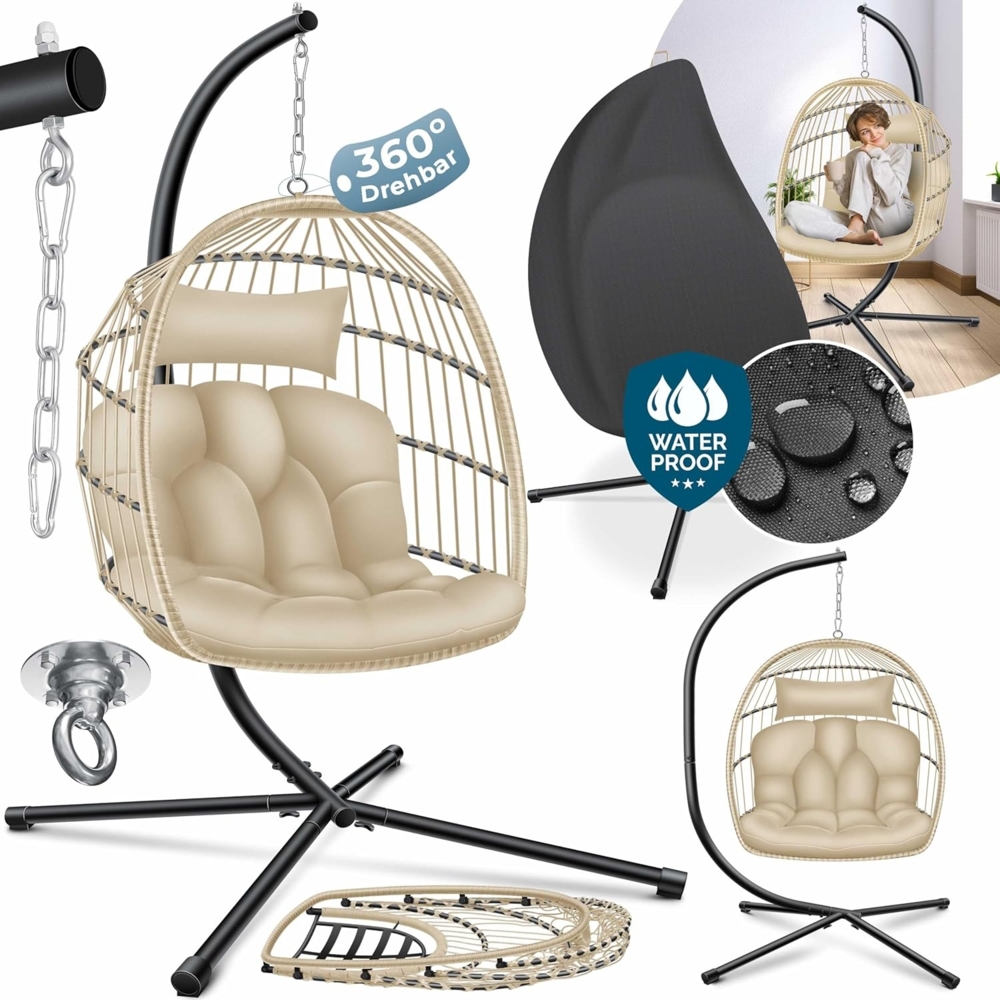 KESSER® Hängesessel Jungle mit Gestell Stahl Hängekorb Sessel Inkl. Großen Kissen + Decken Halterung - Hängeschaukel Hängesitz Indoor - Outdoor Schaukel Hängestuhl für Kinder und Erwachsene Beige Bild 1
