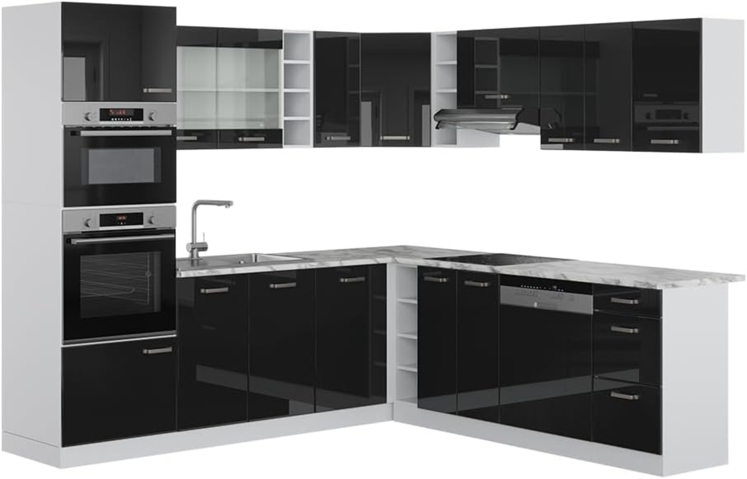 Eckküche R-Line Schwarz Hochglanz/Weiß 247 x 60 cm , AP Marmor Vicco Bild 1