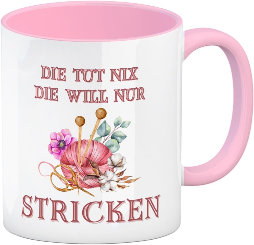 speecheese Tasse Stricken Kaffeebecher in rosa mit Spruch Die tut nix will nur Bild 1