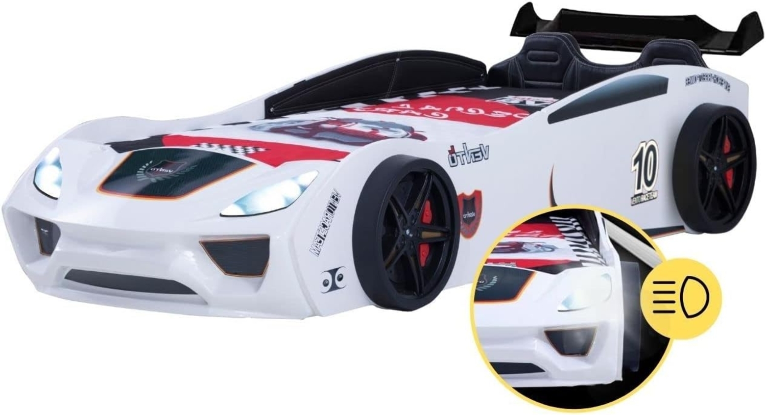 Coemo Autobett DREAM RACER (Spielbett mit Spoiler), Weiß Kinderbett 90x200 Sportsitz Rückenpolster, Lattenrost LED-Licht Bild 1