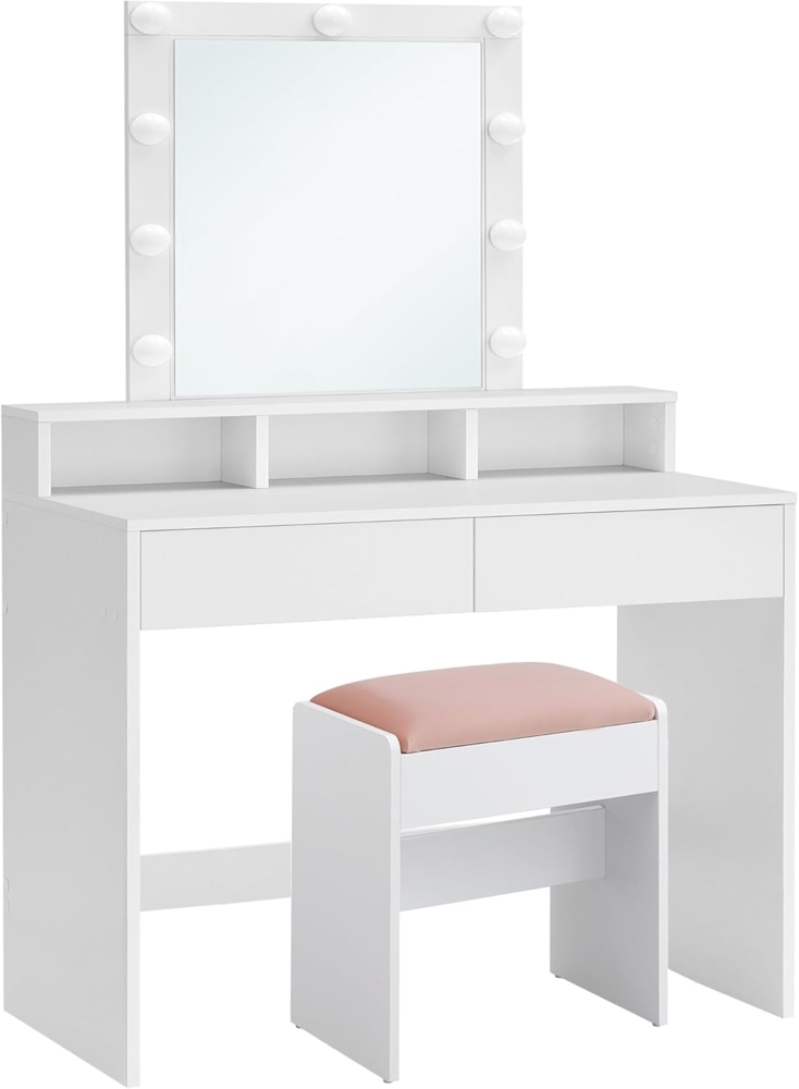 VASAGLE Schminktisch mit LED-Beleuchtung, Sitzhocker, Kosmetiktisch mit 2 Schubladen und 3 offenen Fächern, Makeup-Hocker aus Samt, für Schlafzimmer, weiß und mattweiß-pastellrosa RDT714W01 Bild 1