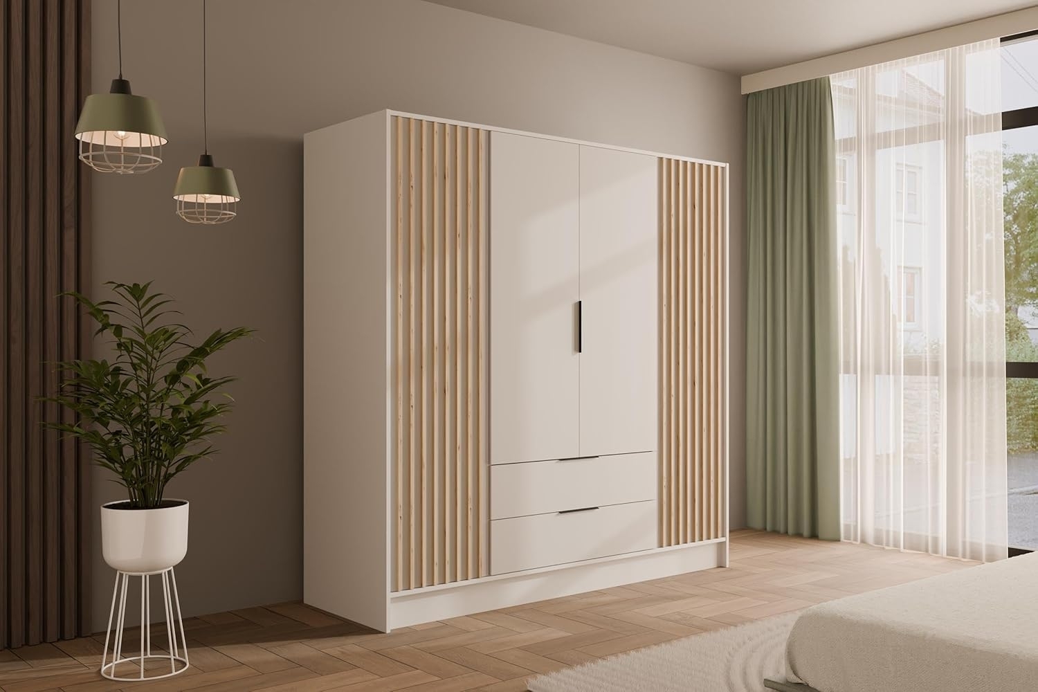 ALTDECOR Drehtürenschrank NELIA (Kleiderschrank Garderobenschrank mit viel Stauraum, Moderner Schrank) Vielseitiger Drehtürenschrank mit Spiegeltüren Spiegel Lamellen Bild 1