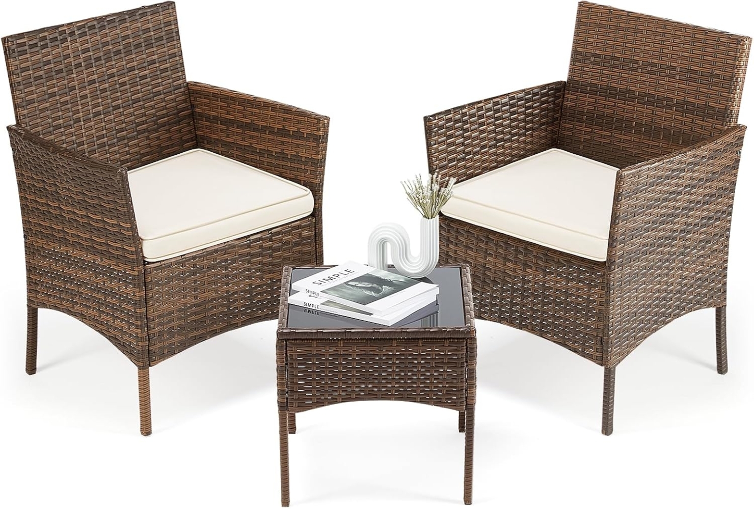 Sweetcripy Terrassenmöbel-Set, 3-teilig, Outdoor-Möbel mit weichem Kissen und Glastisch, Allwetter-manuelles Weben, Rattan, Terrassenstühle für Garten, Terrasse, Veranda (Braun und Beige) Bild 1