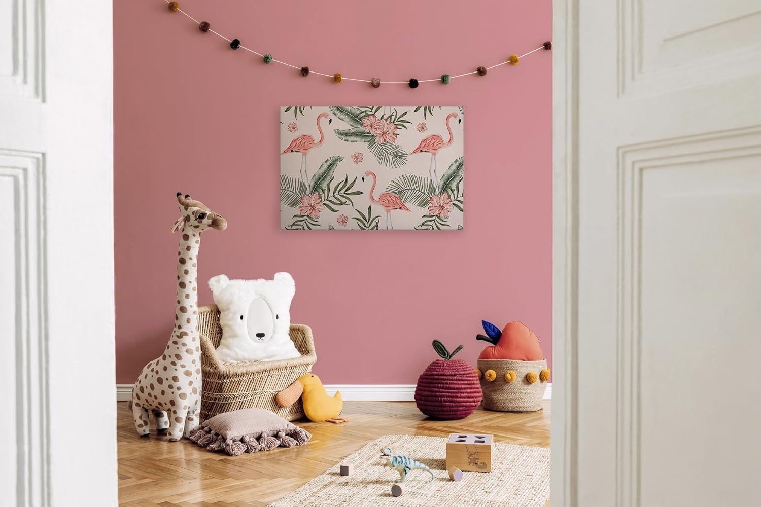 Flamingo Blume Leinwandbild 90x60 DD120269 Wandbild Grün Leinwand Rosa Tiere Bild 1