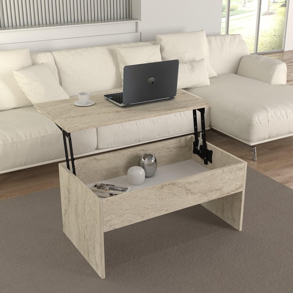 Hanah Home Elegant Coffee Table, Travertine Color, 90 x 52 x 45 cm | 100% Melamine Coated Particle Board, 18 mm Thick | Stylish Marble Design for Modern Living Spaces Bild 1