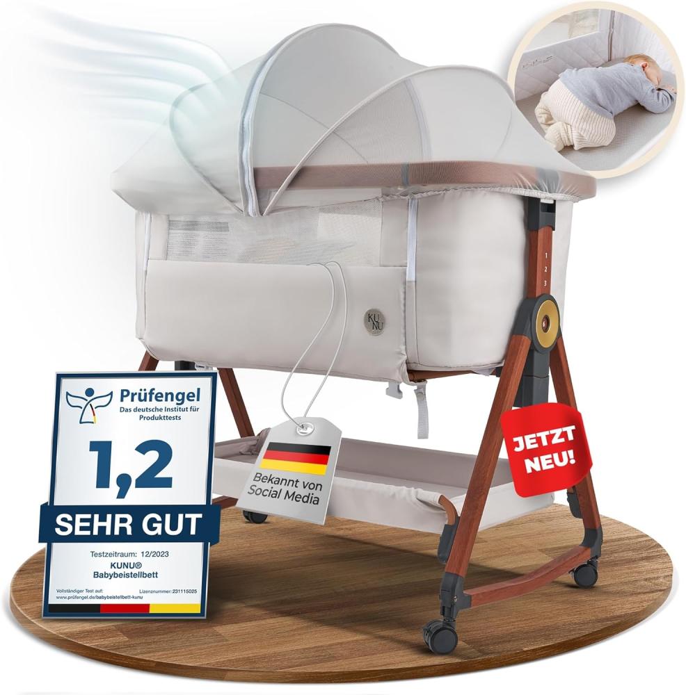 KUNU® Original Baby-Beistellbett - Von Eltern für Eltern - Skandinavisches Design - Rollbar & Wiegefunktion - Höhenverstellbar - Babyoptimierte Matratze - inkl. Reisetasche Bild 1