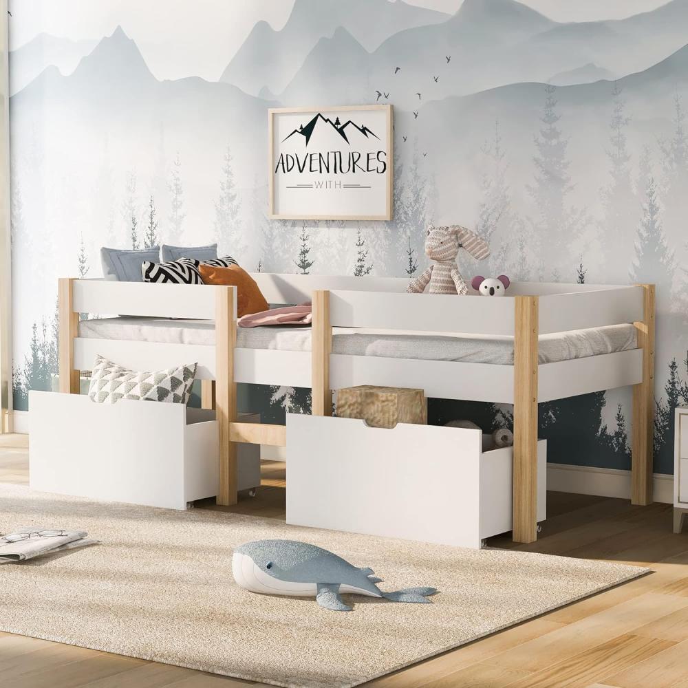 Merax Kinderbett mit Rausfallschutz und Schubladen 90x200cm, Stabil Massivholz & Holz-Platte Beistellbett mit Lattenrost, Babybett Einzelbett für Jungen & Mädchen, Weiß Bild 1