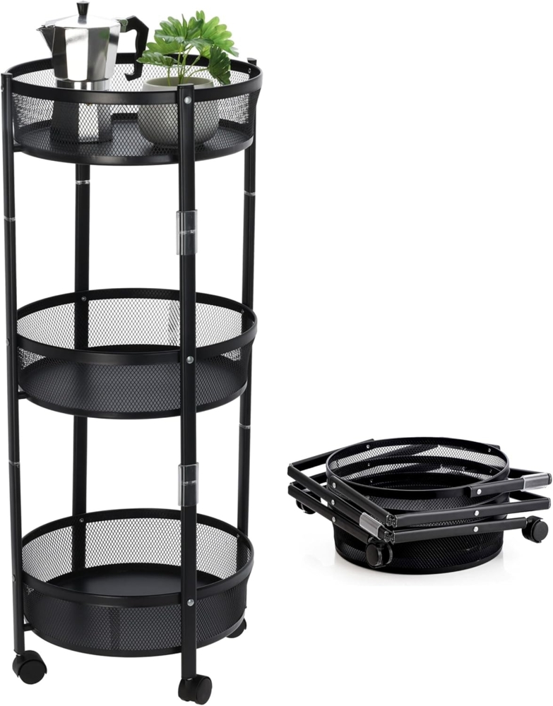 Spetebo Küchenwagen Metall Rollwagen schwarz rund mit 3 Ablagen - 88 x 37 cm, zusammenklappbar Bild 1