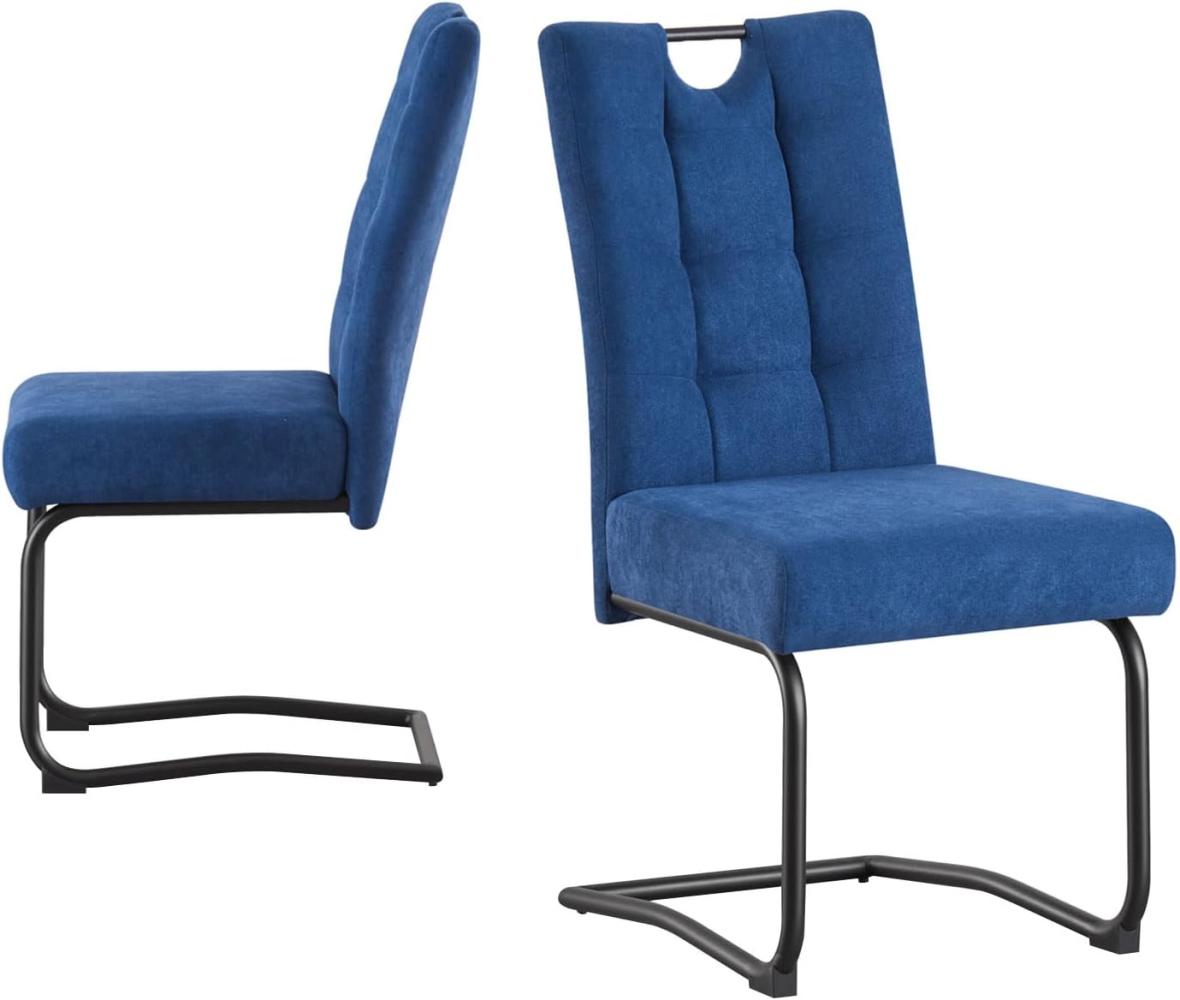 B&D home Esszimmerstühle SOFIA 2er Set | Freischwinger Stühle Schwingstuhl für Esszimmer, Küche, Büro | retro industrial | Webstoff Blau Bild 1