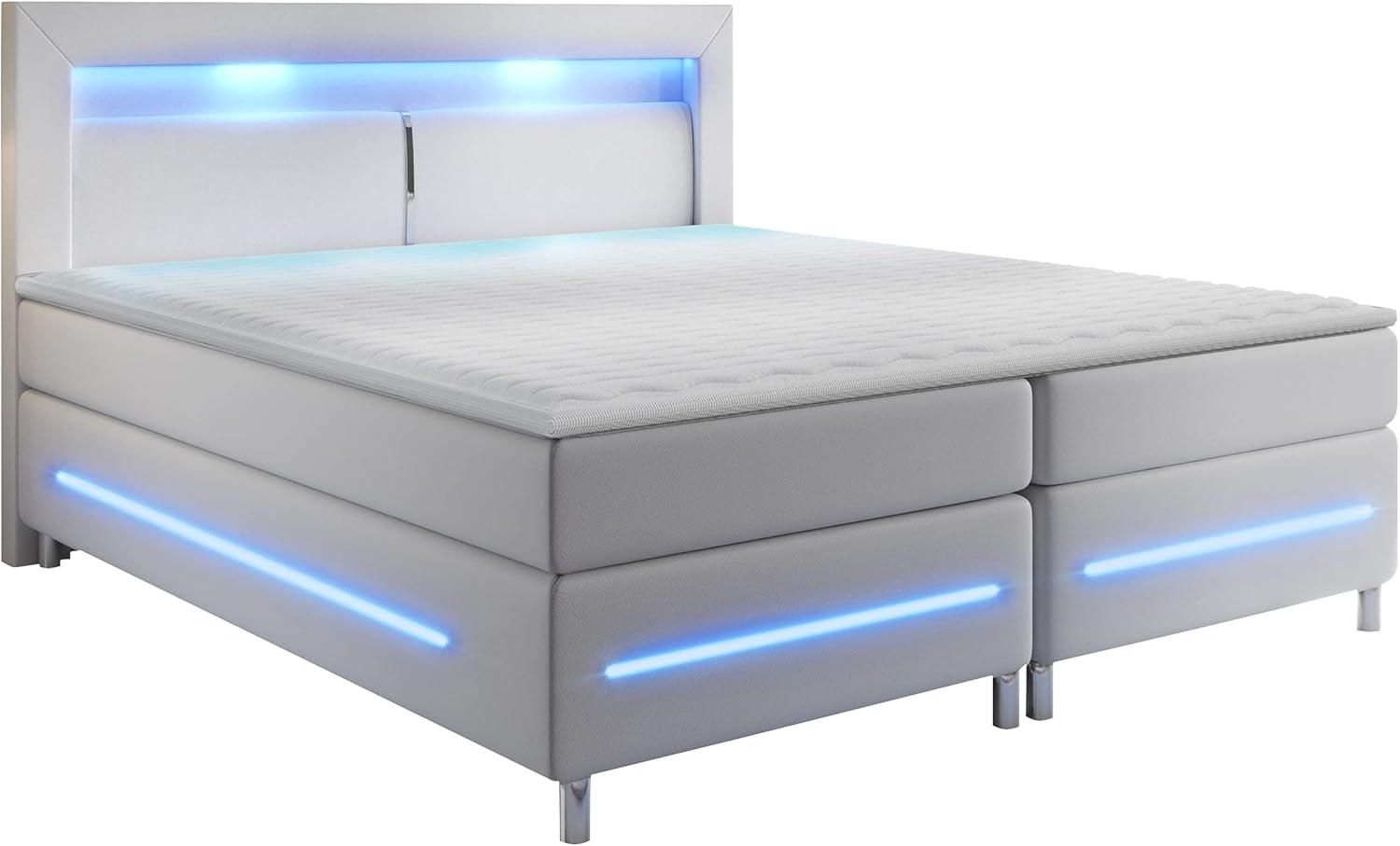 Boxspringbett Amarante LED, Blauer LED-Beleuchtung, Weiß, 180 x 200 cm Bild 1