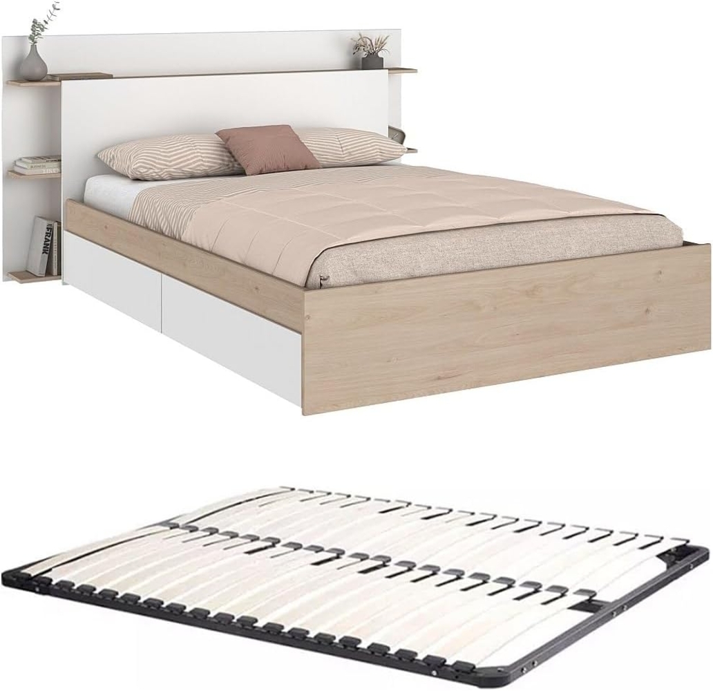 Vente-unique - Bett mit 4 Schubladen + Lattenrost - 140 x 190/200 cm - Holzfarben & Weiß - TILONIDE Bild 1
