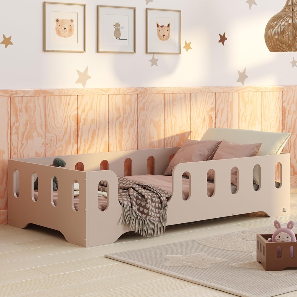 smartwood Bodenbett 80x160 Kaschmir - Montessori Kinderbett aus Holz mit FSC-Zertifikat TILA 2L mit Rausfallschutz & Lattenrost bis 230kg belastbar - Einfache Montage Bild 1