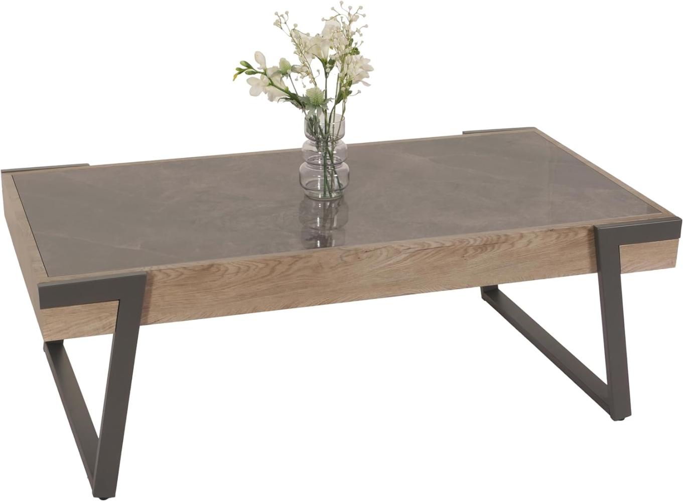 Couchtisch HWC-L89, Sofatisch Wohnzimmertisch, Eisen 43x120x64cm Sinterstein Marmor-Optik grau Holz grau-braun Bild 1