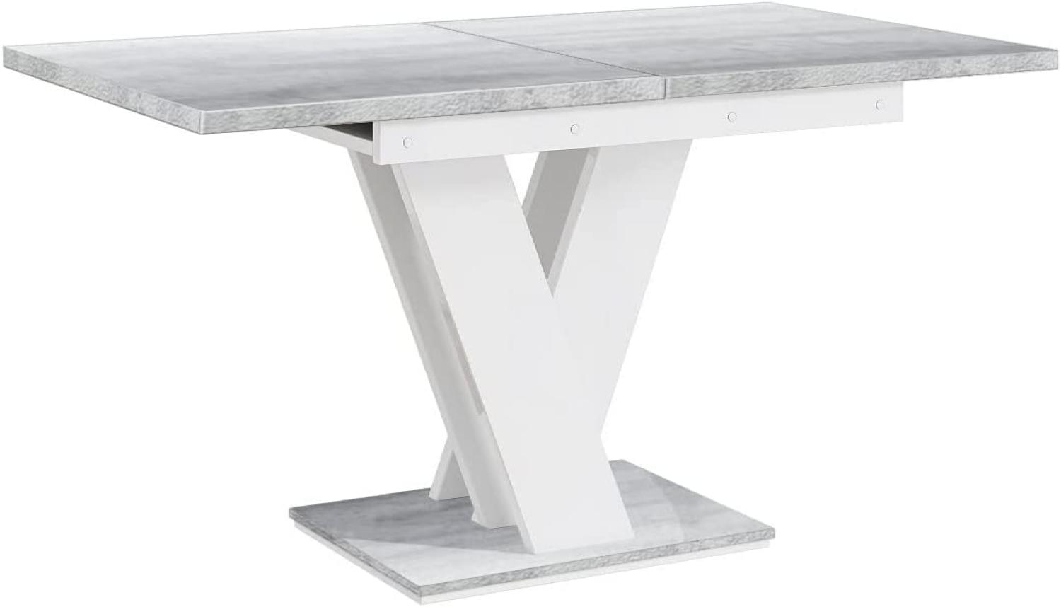 MEBLINI Esstisch Ausziehbar - Esszimmertisch Modern - Küchentisch - Säulentisch - Ausziehtisch - Dining Table - Esszimmertische - 120-160x80x75cm - MASIV - Weiß Hochglanz/Betonoptik Bild 1