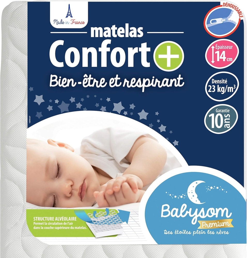 Babysom - Babymatratze Komfort + | Kindermatratze 60x120cm - Atmungsaktiv - Bezug abziehbar - Luftdurchlässiger Kaltschaum - Geprüft - Höhe 14cm Bild 1