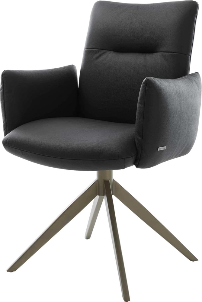 Drehstuhl Jova-Flex mit Armlehnen Echt-Leder Schwarz Kreuzgestell breit Effektfinish Titan 360° drehbar Wippfunktion Taschenfederkern Bild 1