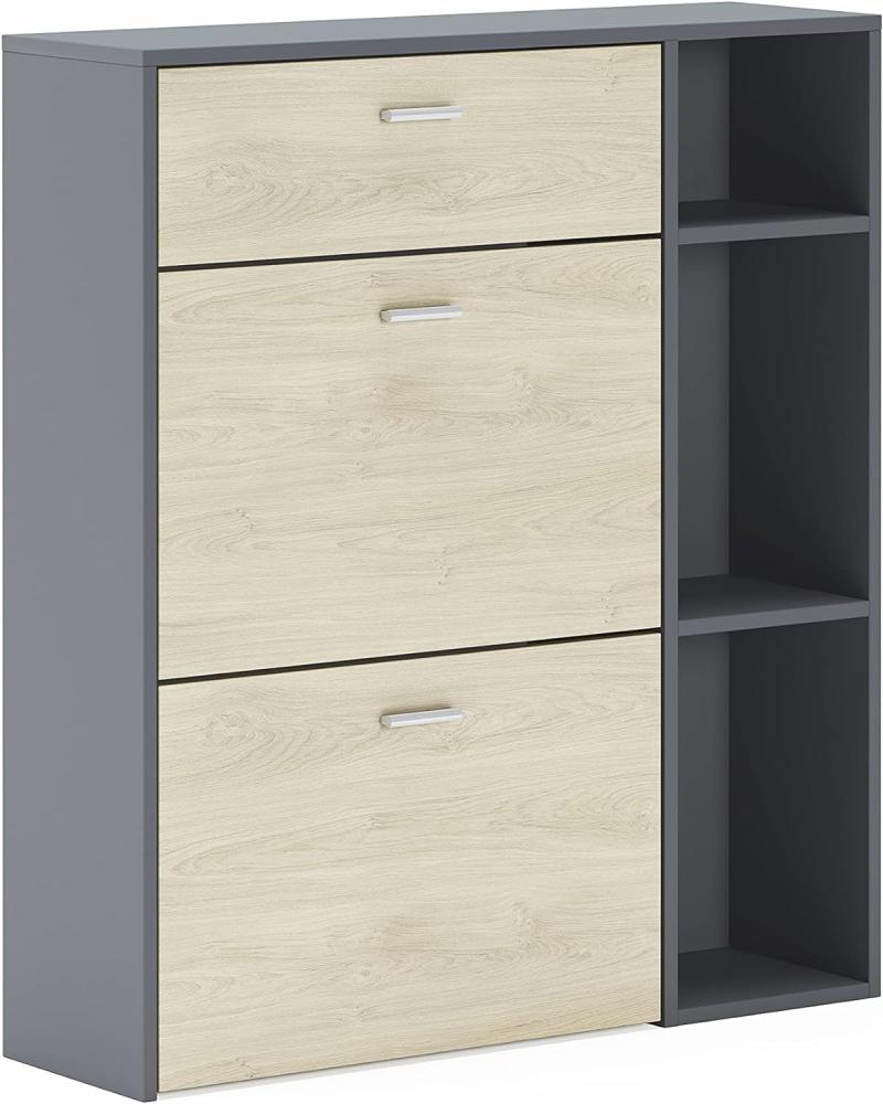 Skraut Home – Schuhschrank – 102 x 90 x 26 cm – Kapazität für 12 Paar Schuhe – 2 Flügeltüren + 1 Schublade – Windmodell – Grau/Eiche-Finish Bild 1