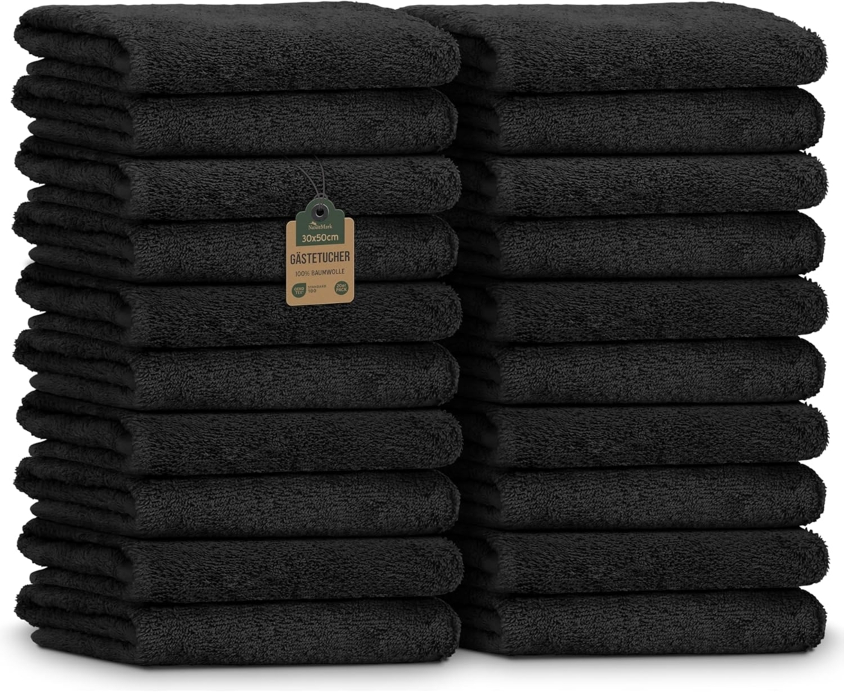 NatureMark 20er Spar-Pack Frottier Gästetücher, 30x50 cm, 100% Baumwolle, Schwarz Bild 1