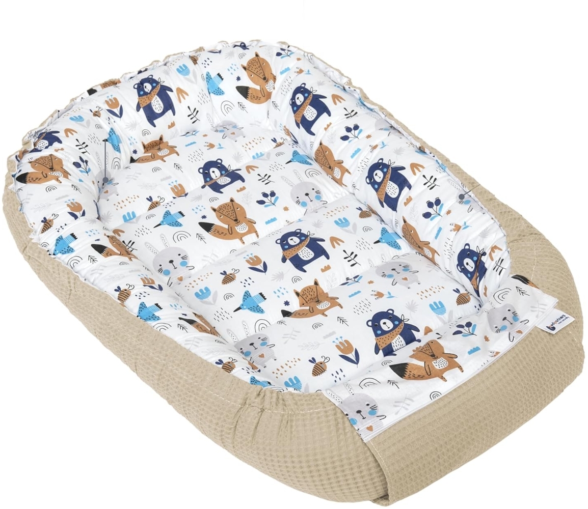 Medi Partners Babynest Kuschelnest Babynestchen 100% Baumwolle Waffle Nestchen Reisebett für Babys Säuglinge 100 x 60 x 15 cm Sicherer Verschluss (Boho mit Braun Waffle) Bild 1