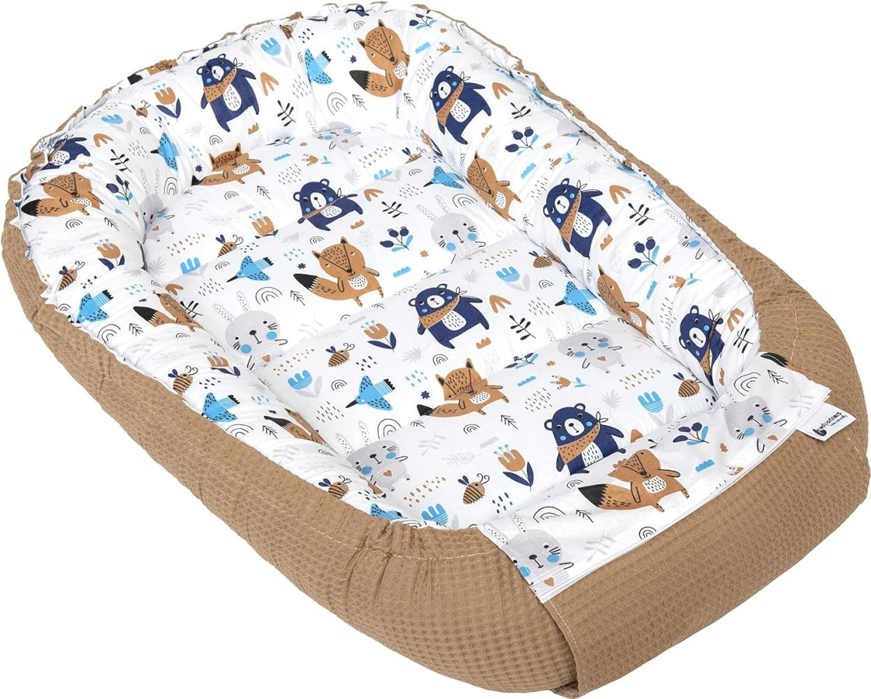 Medi Partners Babynest Kuschelnest Babynestchen 100% Baumwolle Waffle Nestchen Reisebett für Babys Säuglinge 100x60x15cm Sicherer Verschluss (Boho mit Braun Waffle) Bild 1