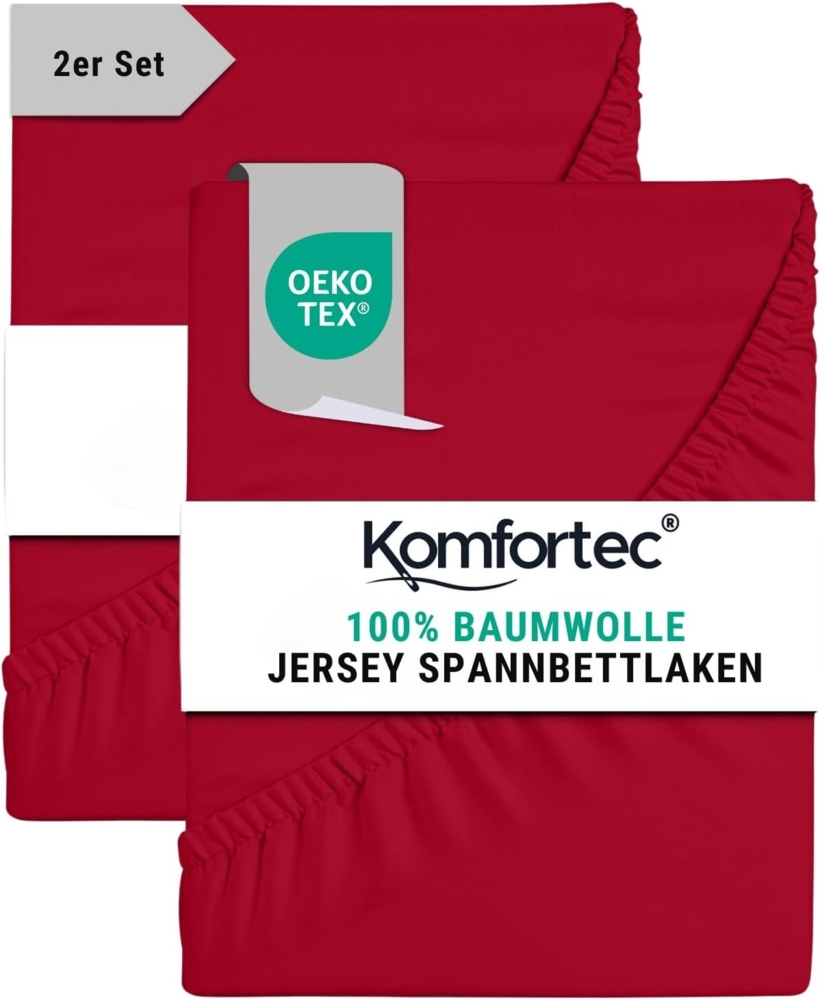 Komfortec Spannbettlaken Jersey 2er Set 100% Baumwolle – 200x200 cm – Weich, Atmungsaktiv & Hautfreundlich – Mit Rundumgummi – Oeko-Tex Zertifiziert – Für Boxspring, Topper & Matratzen – Rot Bild 1