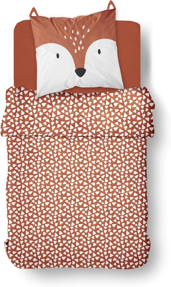 Kinderbettwäsche Set Rot 135x200 80x80 cm Motiv Lustiger Fuchs aus 100% Baumwolle mit Reißverschluss Bild 1
