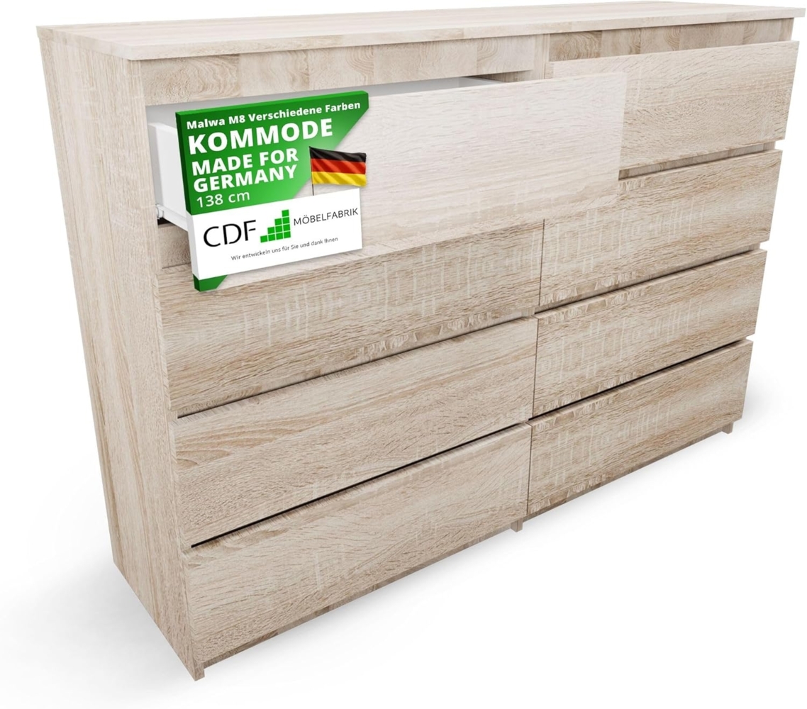 CDF Kommode Malwa M8 140| Farbe: Eiche Sonoma | Schrank für Dokumente, Kleinigkeiten | Ideal für Wohnzimmer, Schlafzimmer, Kinderzimmer, Jugendzimmer und Büro | 8 geräumige Schubladen Bild 1