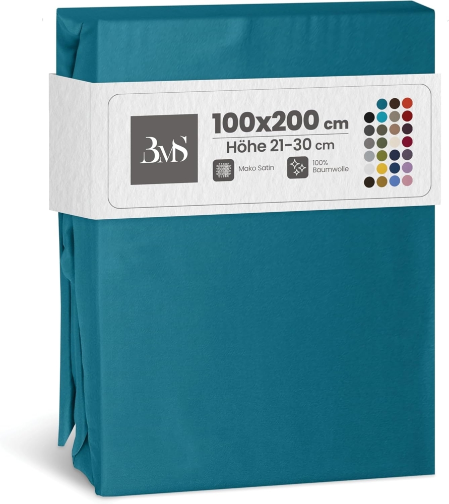 Bettwaesche-mit-Stil Mako-Satin Spannbettlaken petrol blau 100x200cm Höhe 21-30cm Bild 1