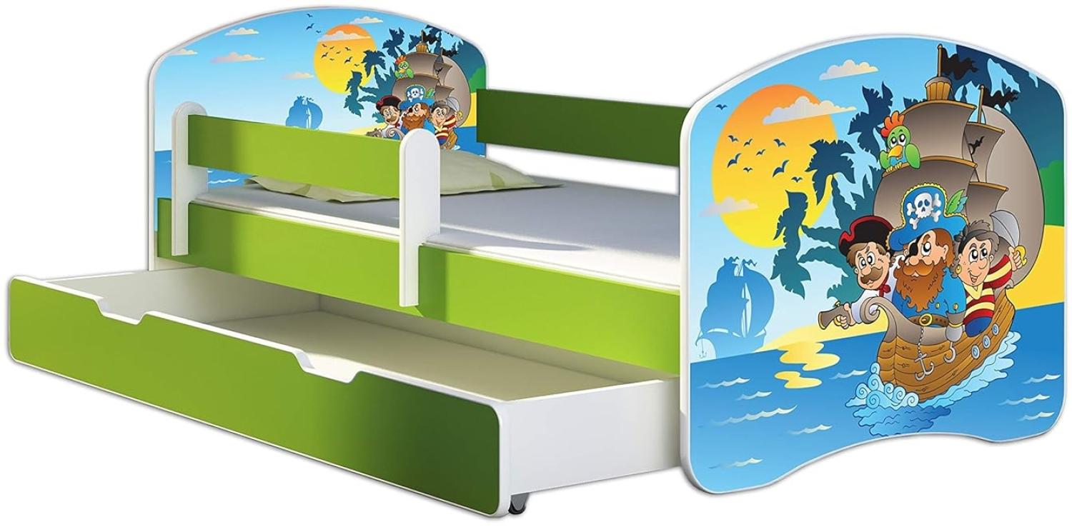 ACMA Kinderbett Jugendbett mit Einer Schublade und Matratze Grün mit Rausfallschutz Lattenrost II 140x70 160x80 180x80 (21 Piraten, 180x80 + Bettkasten) Bild 1