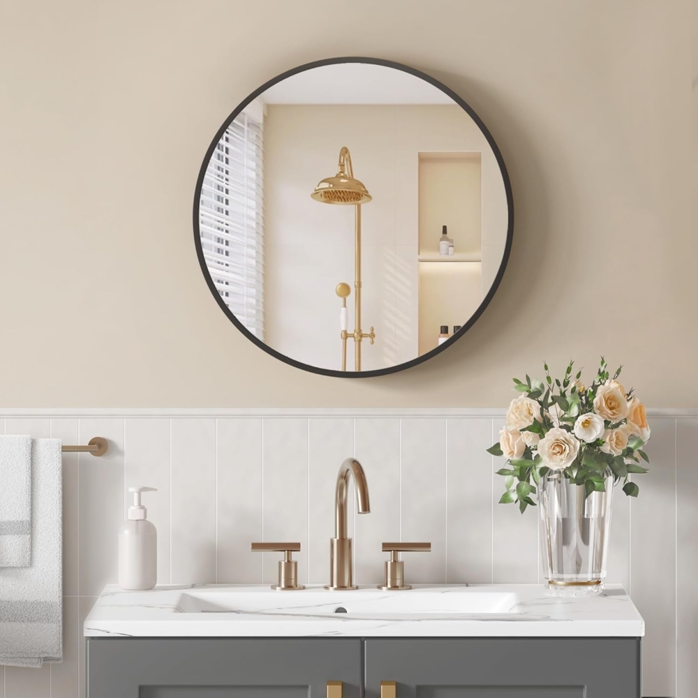 SONGMICS 61 cm d Spiegel rund, runder Spiegel, Wandspiegel, Metallrahmen, einfache Montage, modern, für Bad, Wohnzimmer, Schlafzimmer, Flur, Eingangsbereich, tintenschwarz LWM102BD03 Bild 1