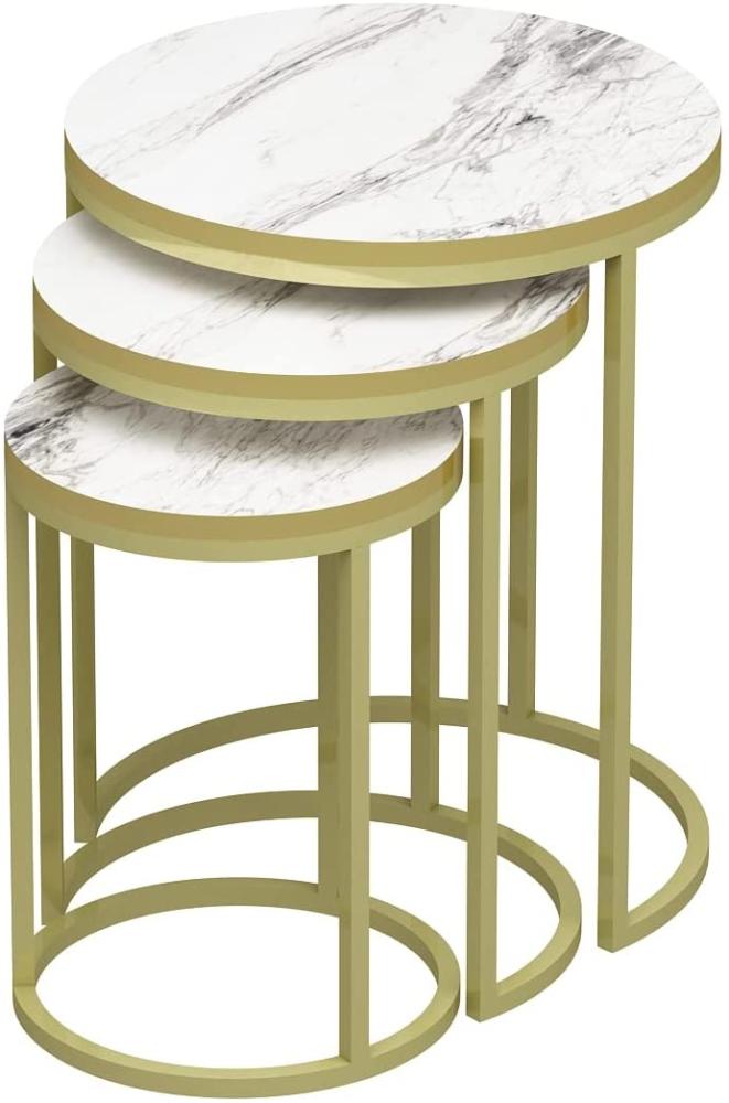Beistelltisch 3er set Gold Metallfüße in Marmoroptik Weiß Rund 90178331 Bild 1