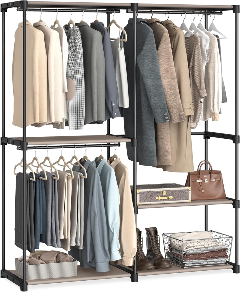 SONGMICS Kleiderschrank, Kleiderschränke, freistehende Garderobe, mit Kleiderstangen, Garderobenständer, Stoffablagen, Metallrahmen, 138 x 43 x 182 cm, Taupe RYG025R02 Bild 1