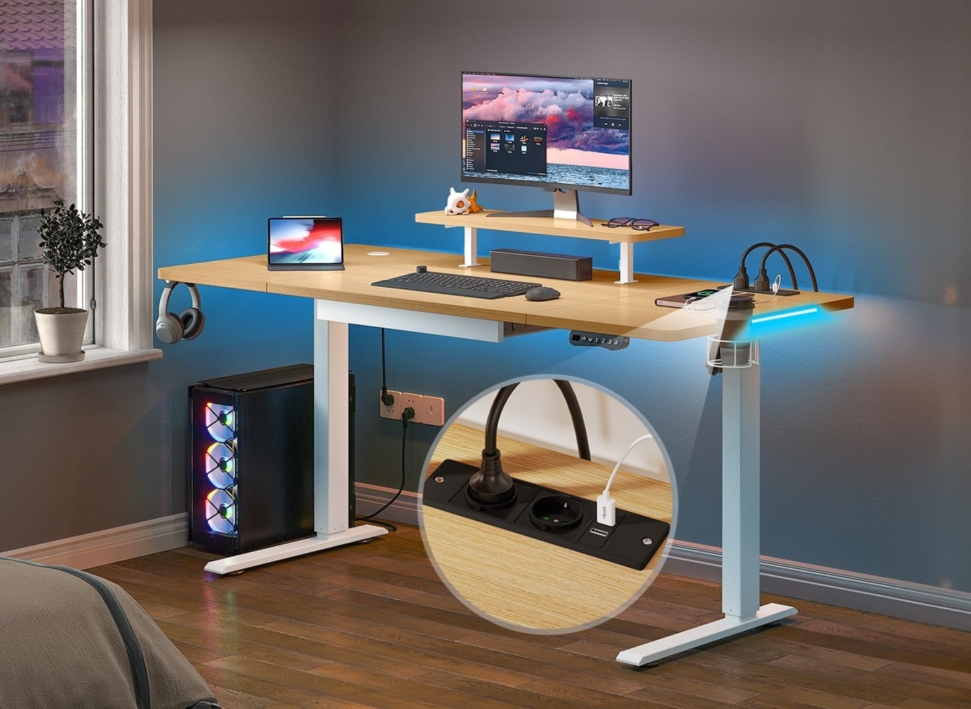 YITAHOME Höhenverstellbarer Schreibtisch 160x75cm,Schreibtisch Höhenverstellbar Elektrisch mit Steckdose,Ergonomischer Steh-Sitz Tisch mit Vierteilige Tischplatte, Computertisch mit Memory Funktion Bild 1