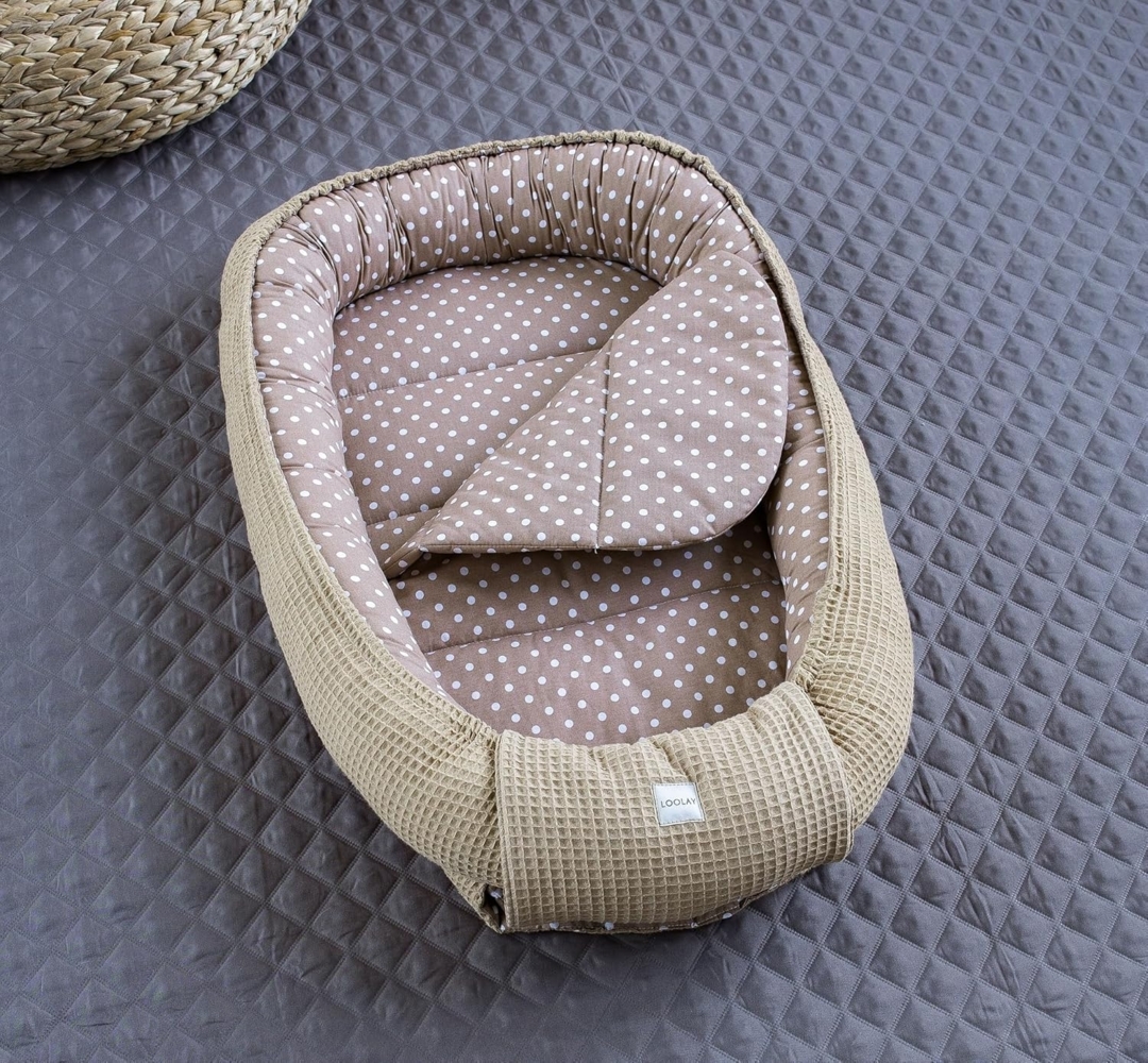 PUNKTE Braun/TAUPE Waffelpique Bio-Baumwolle Babynest Neugeborene Baby Unterlage Reisebett Nestchen SOLO/o. in PREMIUM Ausstattung SETS (Nest + Matratze (Ersatzboden)) Bild 1