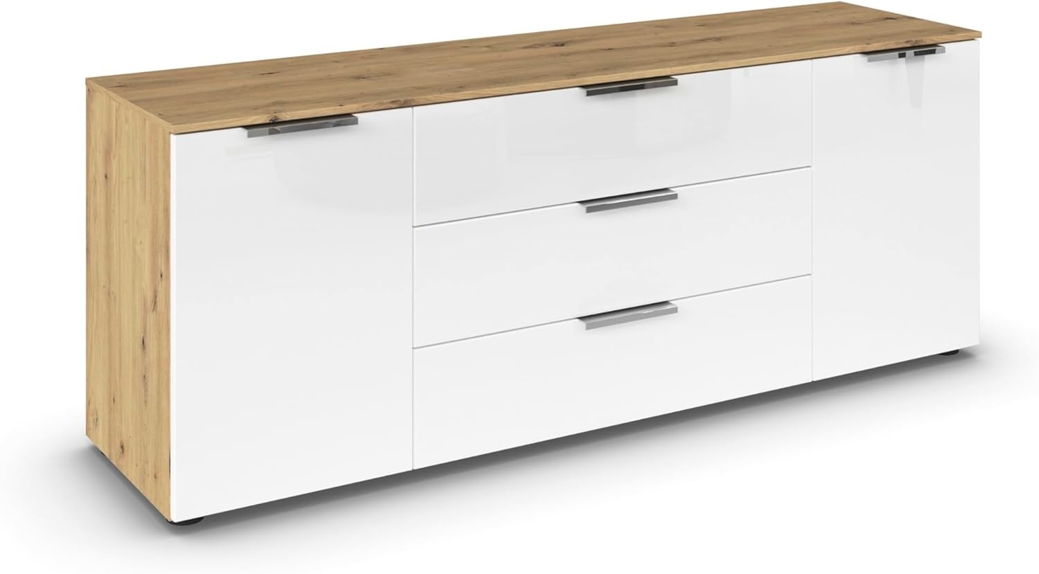 Rauch Möbel Flipp, Sideboard, TV-Schrank, Kommode mit Stauraum, Eiche Artisan-Glasfront Weiß, Holz, 2-türig, Glastüren, 3 Schubladen, Griffe Chrom, 160 x 61 x 42 cm Bild 1