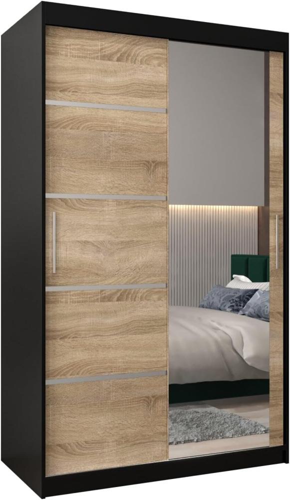 KRYSPOL Schwebetürenschrank Verona 2-120 cm mit Spiegel Kleiderschrank mit Kleiderstange und Einlegeboden Schlafzimmer-Wohnzimmerschrank Schiebetüren Modern Design (Schwarz + Sonoma) Bild 1