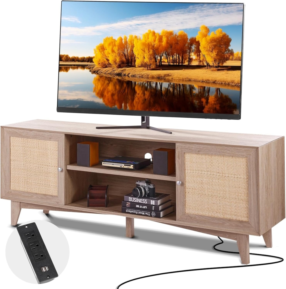 VEVOR Rattan-TV-Ständer 191cm Fernseher Boho-TV-Schrank Fernsehschrank Eiche Bild 1