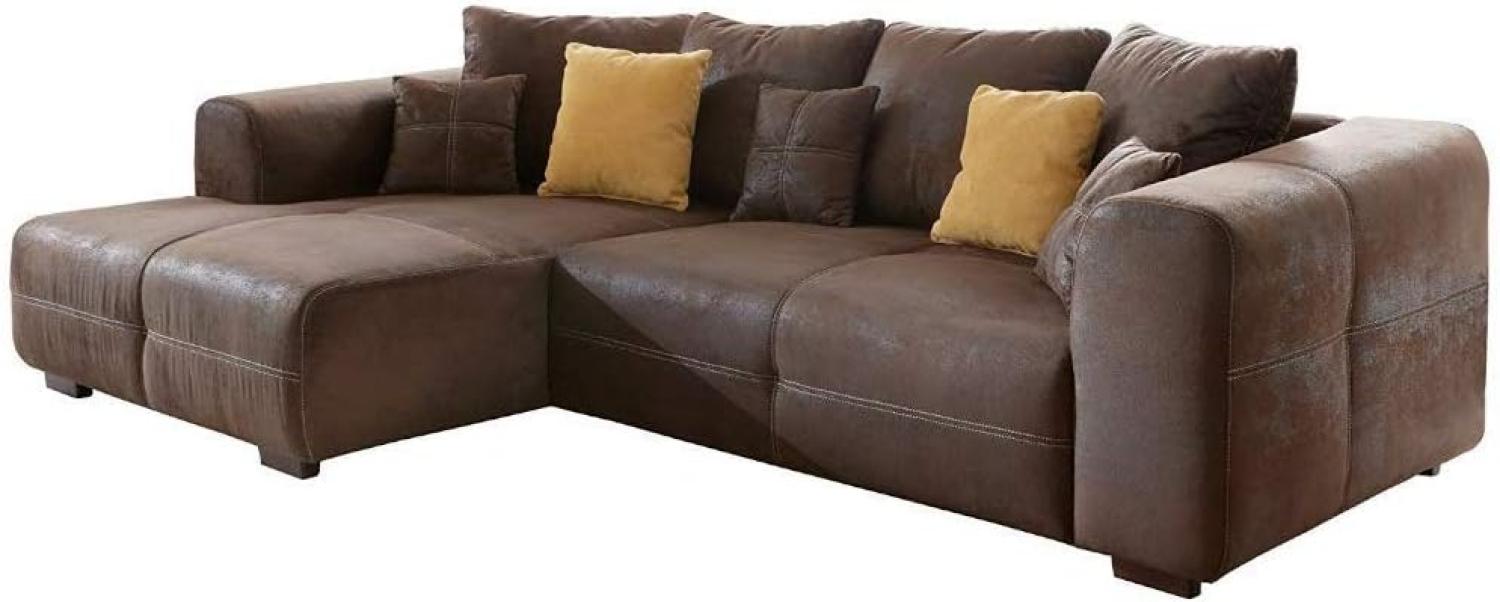 Cavadore Ecksofa Mavericco / Polster Eck-Couch mit Kissen / In Antik-Leder-Optik mit nussbaumfarbenen Holzfüßen / Longchair links / Größe: 285 x 69 x 170 (BxHxT) / Mikrofaser Braun Bild 1