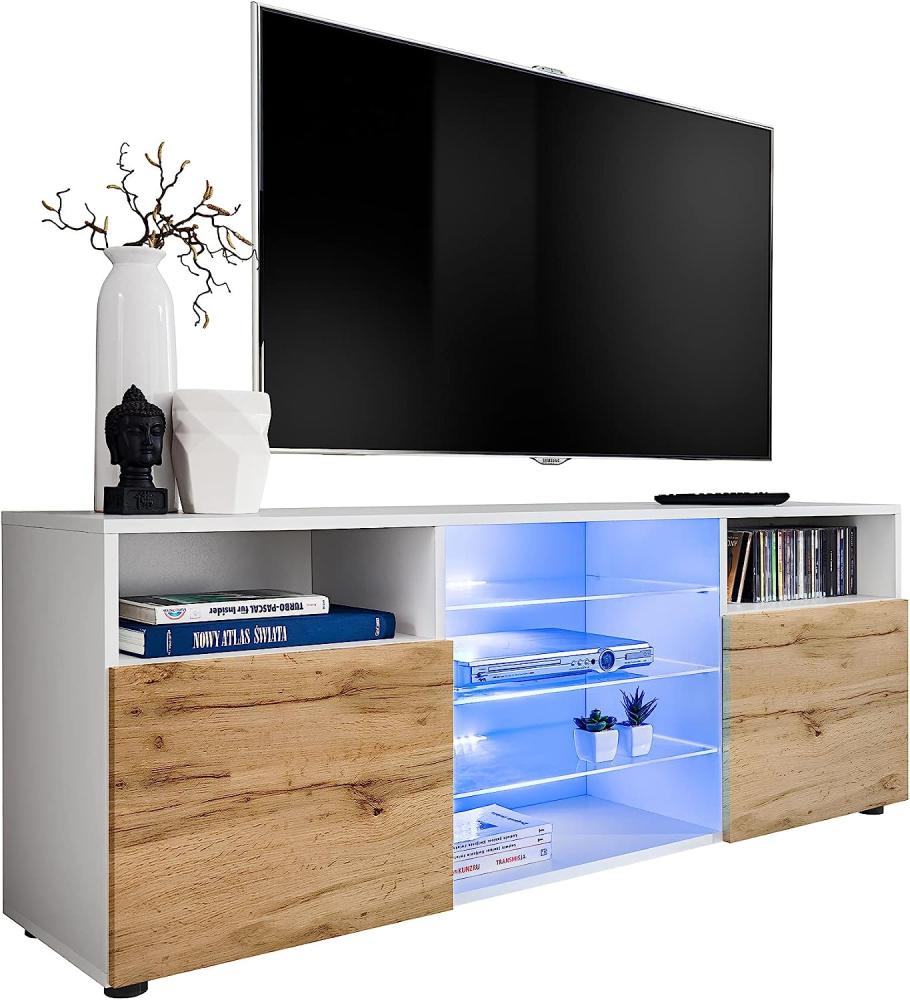 ExtremeFurniture T38 TV Lowboard, Karkasse in Weiß Matt/Front in Wotan Matt mit LED in RGB Bild 1