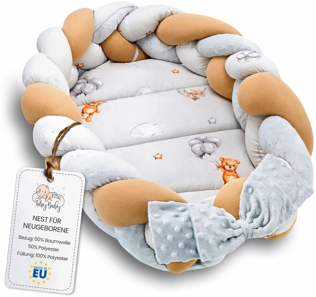 Babynest Neugeborene Nestchen Baby 75x45 cm – Plüschstoff Kuschelnest mit Zopf Kissen zerlegbares Set zweiseitig Babynestchen Babybett Teddybären Bild 1