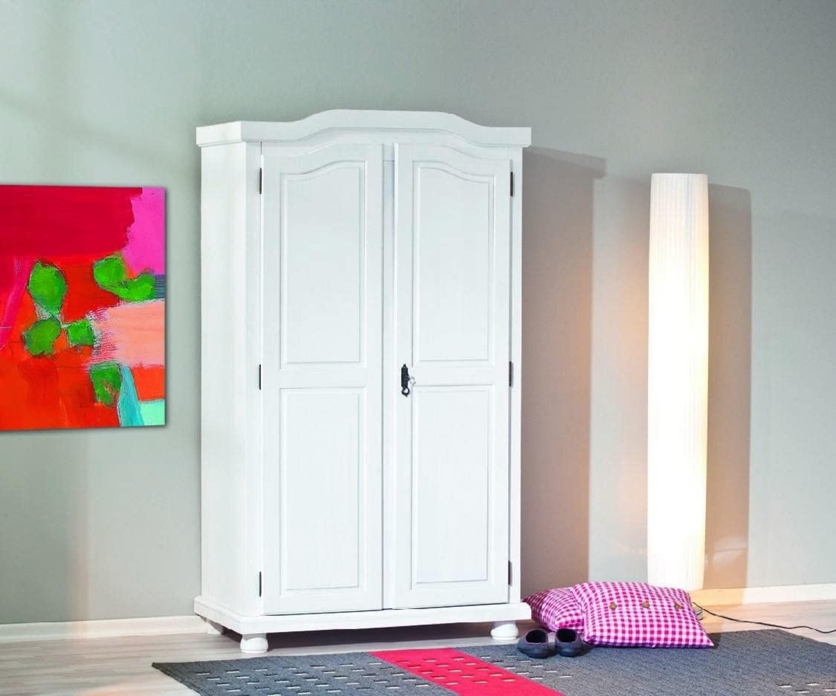 Dmora Zweitüriger Kleiderschrank mit wasserlackierten Regalen aus massivem Kiefernholz, Farbe Weiß, 104 x 180 x 56 cm. Bild 1