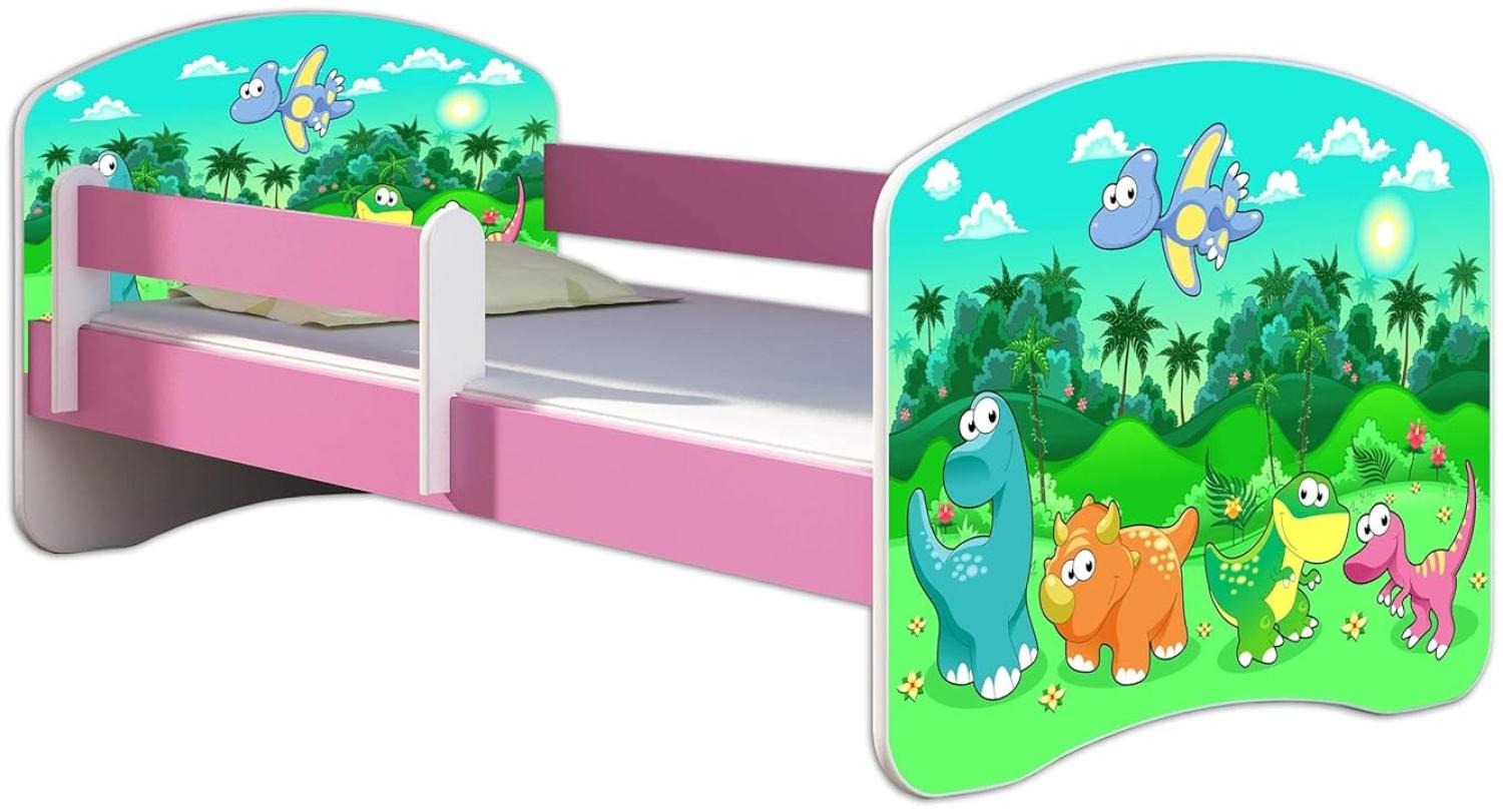 Kinderbett Jugendbett mit einer Schublade und Matratze Rausfallschutz Rosa 70 x 140 80 x 160 80 x 180 ACMA II (30 Dino, 70 x 140 cm) Bild 1