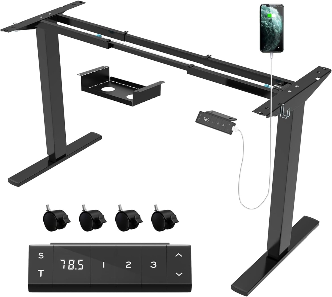 JUMMICO Höhenverstellbarer Schreibtisch Gestell mit USB-Buchse und Touchscreen-Tastatur, Elektrisch Stufenlos Höhenverstellbar Ttischgestell mit Rollen,Steh Schreibtisch Stehpult（Schwarz） Bild 1