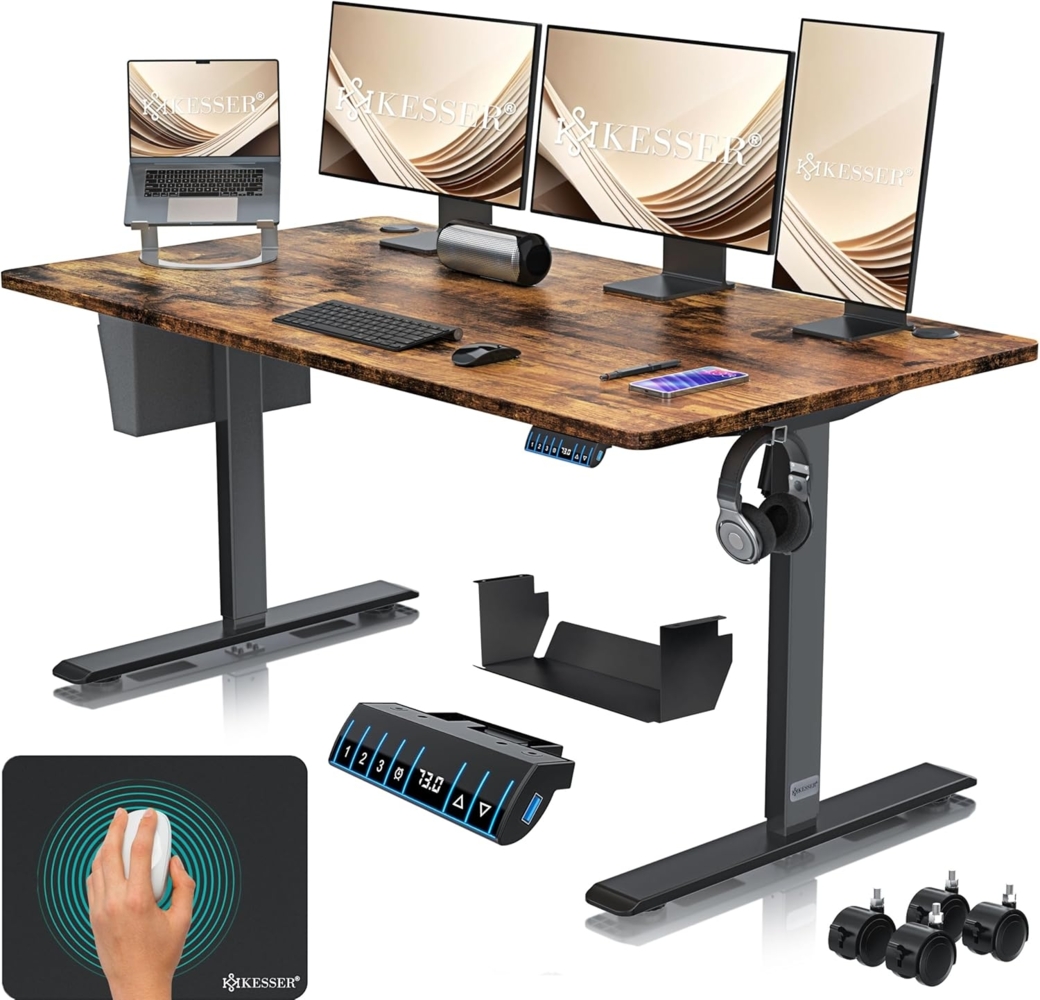 KESSER® Höhenverstellbarer Schreibtisch elektrisch | Ergonomisch Steh-Sitz Schreibtisch | 3-Funktions-Memory Steuerung | Inkl. 360° Rollen & USB-Ladeanschluss | Computertisch für Homeoffice Braun, 160x70 cm Bild 1