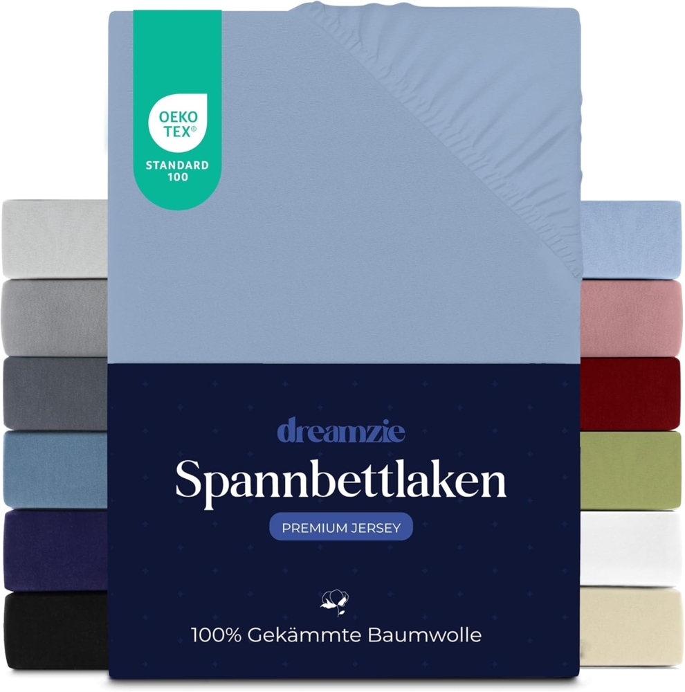 Dreamzie Premium Spannbettlaken 90x200 cm, Bettlaken 100% Jersey Baumwolle, Spannbetttuch für Dicke Matratzen bis zu 22 cm, 150 g/m², Oeko-TEX Zertifiziert - Hellblau Bild 1