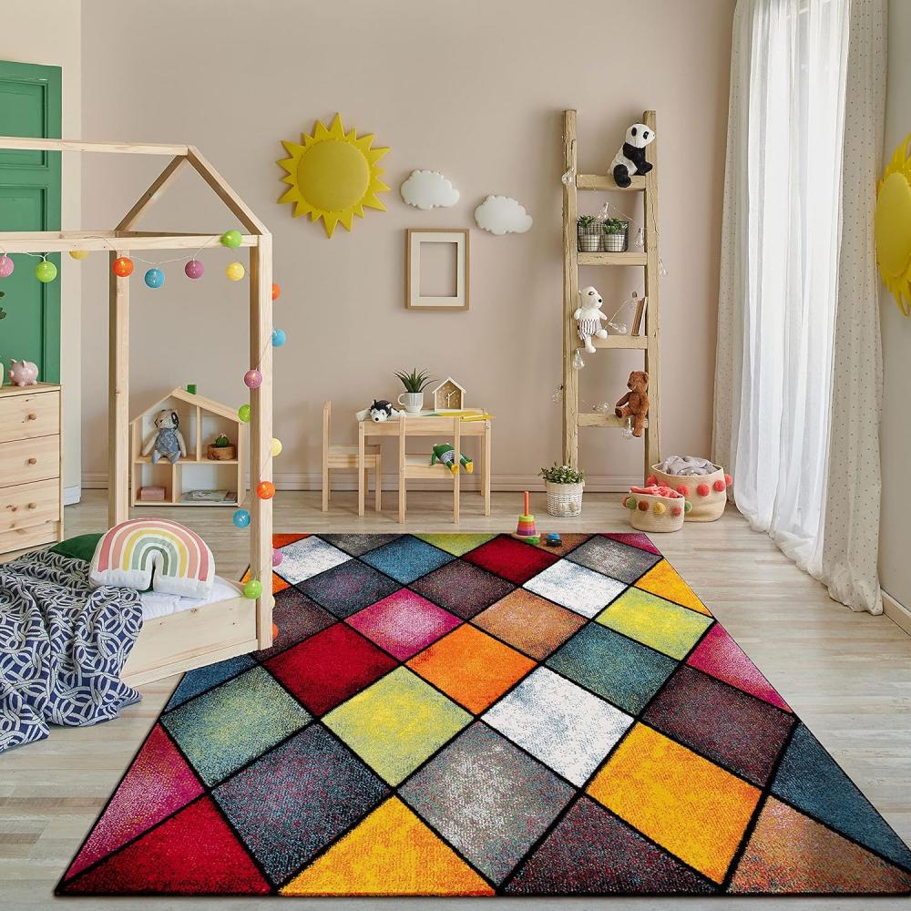 Paco Home Teppich Wohnzimmer Kinderzimmer Bunt Kurzflor Moderne 3D Optik Kariert Geometrische Muster, Grösse:160x230 cm, Farbe:Bunt 3 Bild 1